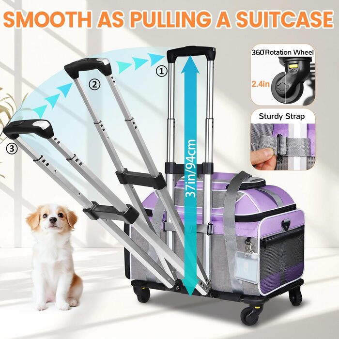 Трансформована переноска для тварин Petskd з колесами, 48,3 x 33 x 22,9 см, схвалена Southwest Allegiant Airlines, м'яка переноска для собак до 6,8 кг та котів до 9 кг, фіолетова