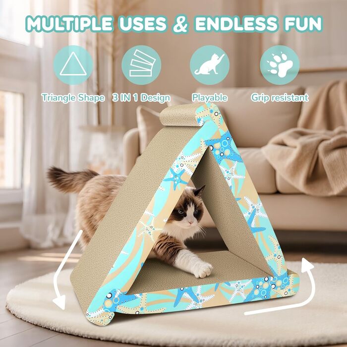 Кігтеточка RUMUUKE Трикутна 3 в 1 з гофрокартону для котів, з котячою м'ятою, блакитний морський звіз