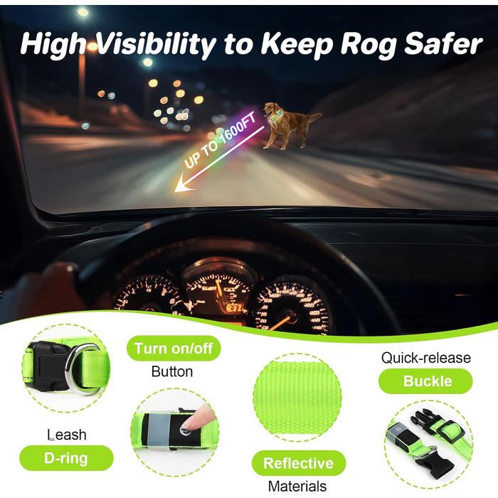 Світлодіодна нашийник для собак Feycig з USB-зарядкою - водонепроникний, регульований, 3 режими, для малих, середніх та великих собак (світло-зелений, L(48-60см))