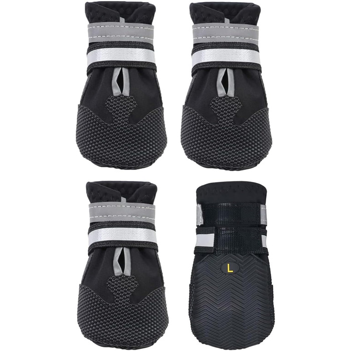 Чоботи для собак AMOMYDOG, 4 шт. Дихаючі, з неслизькою підошвою, регульовані світловідбиваючі застібки-липучки. Підходять для малих, середніх та великих собак (Чорний, L)