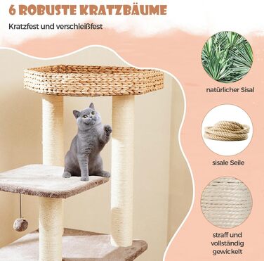 Ігровий комплекс для котів COSTWAY: багатоярусний когтеточка-дерево (131 см) з будиночком, лежанкою, драбиною та сизалевими стовпами, бежевий (Кава+Натура)