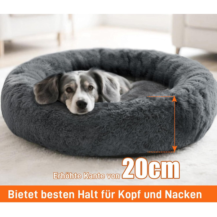 Кругле ліжко для собак O·Lankeji з м'якого флусу, штучного хутра, знімний кошик, нековзна основа, для маленьких, середніх та великих собак, M-⌀60см (M-⌀60см, Антрацит)