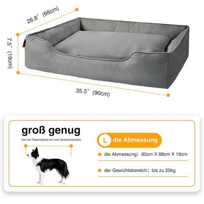 Лягу для собак середніх та великих порід Zedelmaier, 90х68х19 см: зносостійкий кошик, товсте ліжко, миється, водонепроникна, сірий колір.