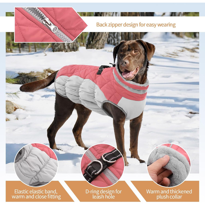 Зимовий теплий одяг для собак великих порід: куртка, плащ, комбінезон від OUOBOB. XXXL, водонепроникний, з D-рингом, для Лабрадора, BerryPink