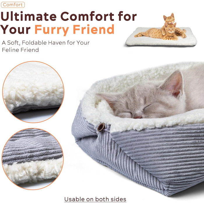 М'яке ліжко для котів, 60x45 см, плюшеве, для собак та котів, 2-в-1, ліжко-подушка, ліжко-ковдра, гніздо, ліжко (M:61x51 см)
