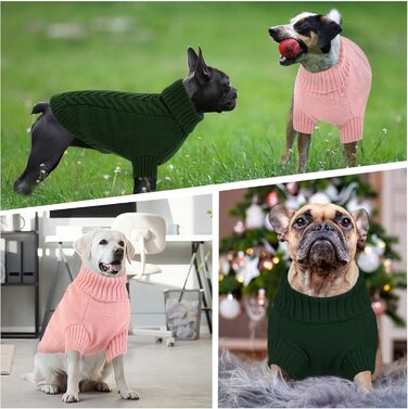 Теплий зимовий пуловер для собак великих порід L, зелений. Пуловер з ворітцем-горловиною, машинного в'язання, для Французького бульдога, Шнауцера, Мальтезе, Бішон Фрізе, Бостон-тер'єра. Легко прати.