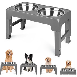 Підвищений годівниця для собак та котів, 2-в-1, 4 регульовані висоти, підставка Anti-Slip з нержавіючою чашею, сірий, 44 x 24 x 8 см