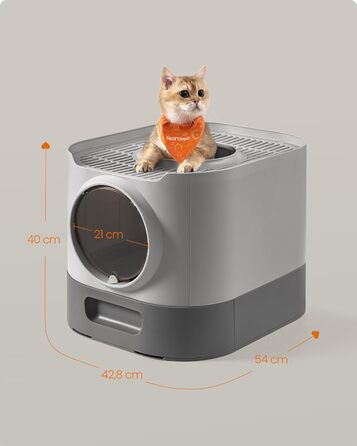 Туалет для котів Feandrea XXL з кришкою, висувним лотком, совком і щіткою, для котів різних розмірів, мінімум слідів, сіро-графітовий
