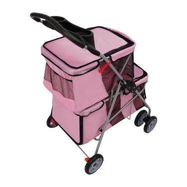 Двоярусний візок для домашніх тварин для маленьких та середніх собак та котів - Легкий транспортний візок-бугі для собак з 2 рівнями для прогулянок, подорожей та активного відпочинку на природі, до 20 кг (Рожевий)