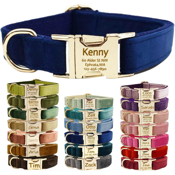 Персоналізоване собаче ошийник з металевою застібкою, двостороннє оксамитове обплетення з іменем та номером телефону, регульовані розміри для собак маленьких, середніх та великих порід