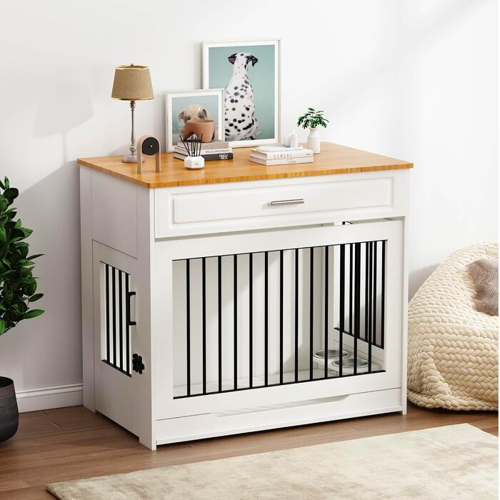 DAWNYIELD Клітка для собак, меблі для тварин, дерев'яний вольєр з відкриваючимся верхом, шухляда, меблевий стиль, внутрішній вольєр для собак, стіл з поворотним мисником на 360°, білий колір, ковзаюча дверцята білого кольору