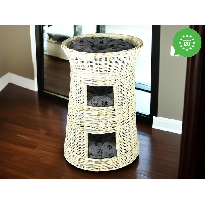 Кігтеточка-ліжко для котів: кругла хатинка, плетений будиночок з лози, триярусне ліжко для собак та котів, колір – білий, з сірим подушечком