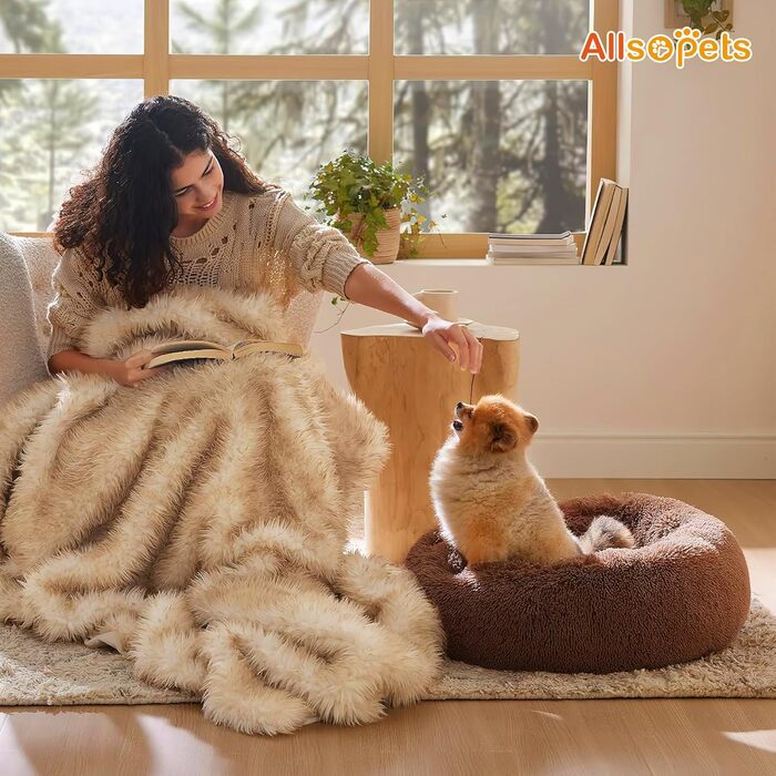 ALLSOPETS заспокійливе ліжко для собак і котів, м'яке плюшеве кругле, для малих і середніх порід, знімний чохол, протиковзка основа, темно-коричневе, 70 см