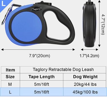 Висувна повід для собак середніх та великих порід до 45 кг, Taglory, 5 м, блакитний