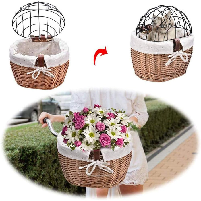 Кошик для тварин на велосипед, плетіння з лози, для собак та котів, передній кошик для тварин з сітчастою кришкою, швидкоз'ємний, чорний