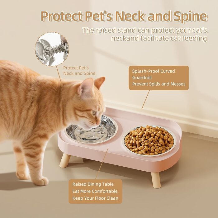 Підвищений годівниця для котів, набір мисок для їжі та води для котів, стійкий до бризок, з 2 мисками з нержавіючої сталі, рожевий