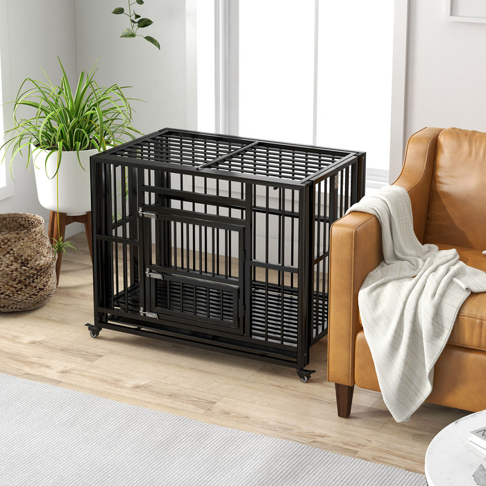 Клітка для собаки PawHut для дому, з колесами, 94 x 58 x 78 см, Dog Guard Box, Транспортна клітка з 2 дверима, сталь, Чорний