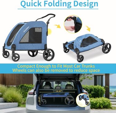 Візок для собак EchoSmile, середній та великий розмір, до 70 кг, складаний, з сітковими вікнами, регульована ручка, 4 проходимі колеса (блакитний)