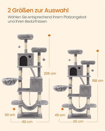 Багатоповерховий котячий будиночок Feandrea з 13 стовпчиками для дряпання, 2 платформами, 2 печерами, гамаком та іграшками, 168 см, сірий
