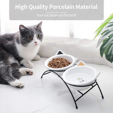 Набір мисок для котів з кераміки з підставкою та силіконовим килимком, 340 мл, нахилені, для котів, кошенят, маленьких собак, білий