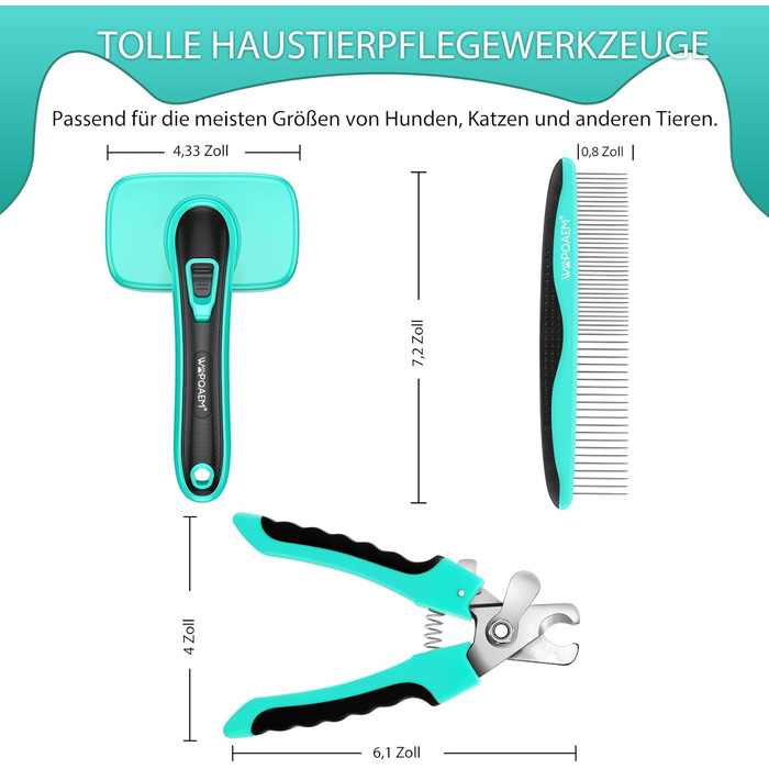 Набір для догляду за тваринами 3 шт: щітка для собак і котів, самоочисна, щітка для підшерстка та відмерлого хутра, стригувач нігтів та гребінець для шерсті, ідеально підходить для довгошерстих та короткошерстих, Зелений Аквазелений