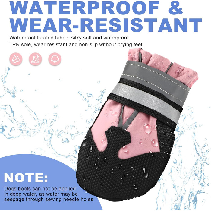 Чоботи для собак, 4 шт., захист лап, водонепроникні, з відбиваючими ременями, міцні, можна прати, для малих, середніх та великих собак (S, рожевий)