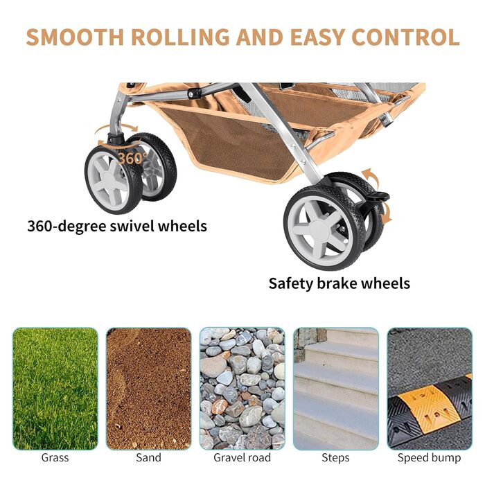 Візок для собак Joyfultails, двомісний візок для домашніх тварин та дітей, складаний візок для 2 собак та котів, двомісний візок-переноска, візок для прогулянок з двома собаками, візок для тварин для подорожей зі зберіганням, бежевий