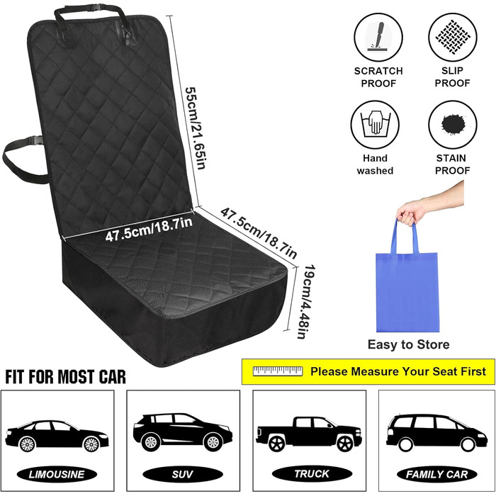 Захисний чохол на сидіння авто для собак, 136x119 см, чорний, нейлон. З щіткою для чищення та сумкою. Підходить для більшості авто та SUV.