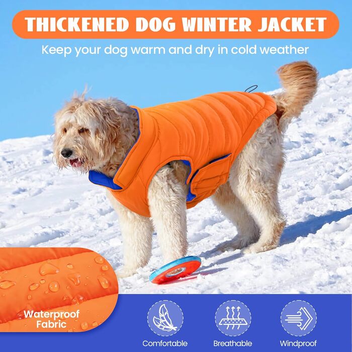 Зимовий теплий водонепроникний одяг для собак великих порід Lelepet, вітрозахисна куртка з клямками, оранжевий/синій, 3XL