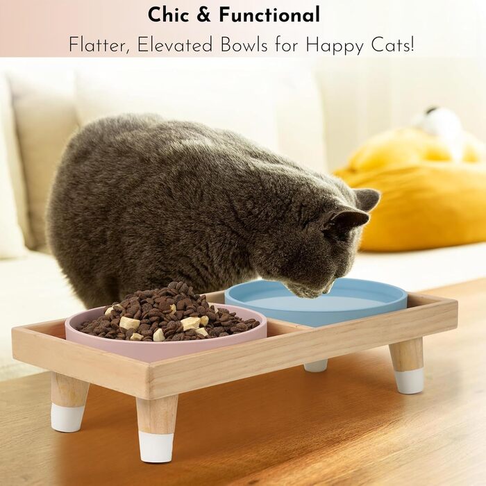 Підвищена годівниця для котів JAZUIHA з 2 широкими мисками, станція для годування з дерев'яною підставкою та силіконовою мискою, діаметр 18 см