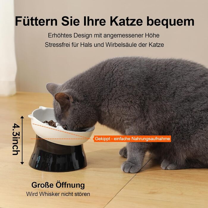 Антислизька годівниця для котів з кераміки, піднята - годівниця-лабіринт для повільного годування, нахилена проти блювоти, чорно-біла