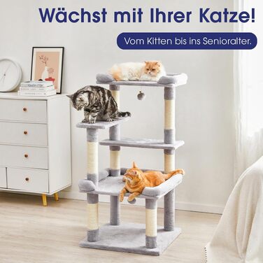 Ігровий комплекс для котів Katzenbaum (139 см) з гамаком, збільшеними платформами та сизалевими стовпами для дряпання, багатоярусний когтеточка-замок, світло-сірий