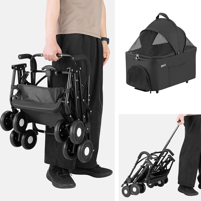 Дитячий візок для тварин BAKAJI 2 в 1, 40 кг, складний, знімний капюшон, візок для собак та котів з кошиком для зберігання (Чорний)