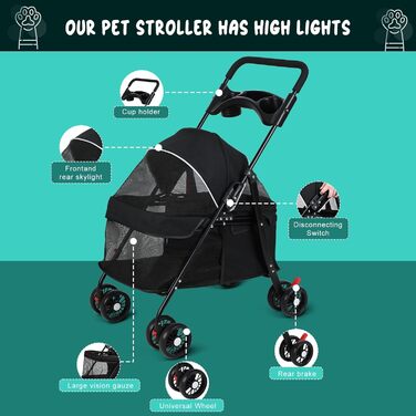 Трансформер для собак і котів до 10 кг, чорний. Складаний візок для тварин з підсклянником, дихаюча сітка, 4 колеса