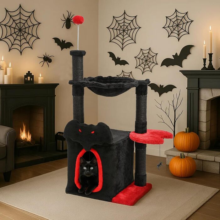 BYBYME Готичний кігтеточка для Хелловіну, 84.5 см, стійкий комплекс для котів з ліжком, будиночком, гамаком, кігтеточками з сизалю, багатофункціональна котяча іграшка (Чорний/Червоний), підлоговий, 96.5 см