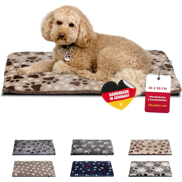 Лежак для собак HS-Hundebett® M 65x95 см, двосторонній, зручний, з 3 см наповнювачем, для дивану, авто та клітки, бежевий з лапкою, вироблено в Німеччині
