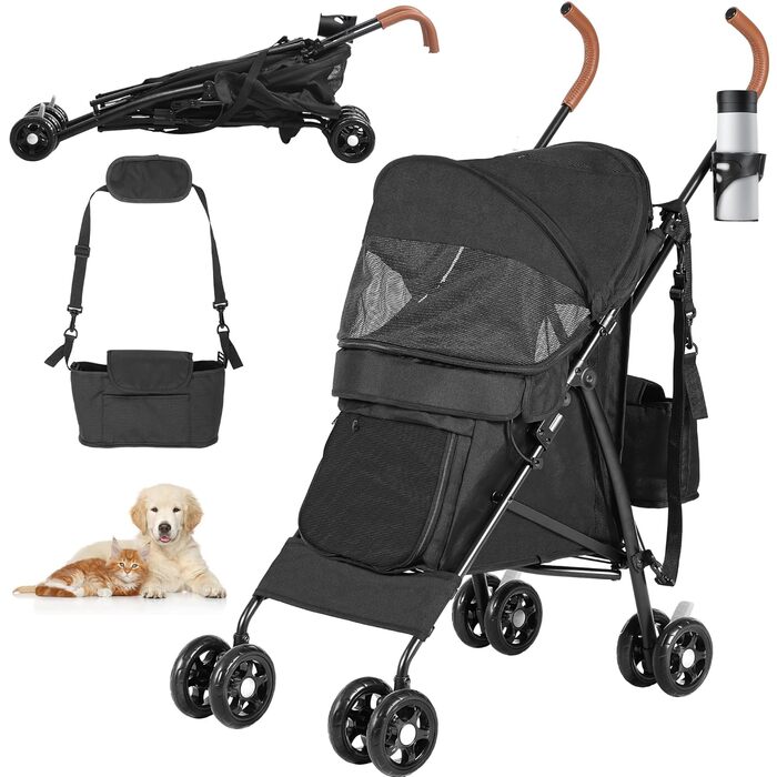 Візок для собак та котів YITAHOME Bis 11,3kg, чорний: складаний, з EVA-колесами, кошиком, сіткою, тримачем для напоїв