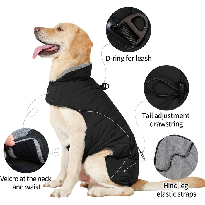 Зимовий теплий пуловер для собак Heywean з флісу, куртка для собак з D-початком, відображає світло, з клямками, для маленьких та середніх собак, зелений (M, чорний)