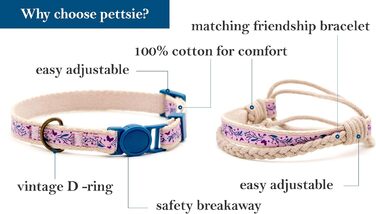 Набір ошейників для котів Pettsie та браслети дружби, безпечний дизайн з м'якої бавовни, D-подібне кільце для аксесуарів, регульований розмір 19-29 см (12,7-20,3 см, фіолетовий)