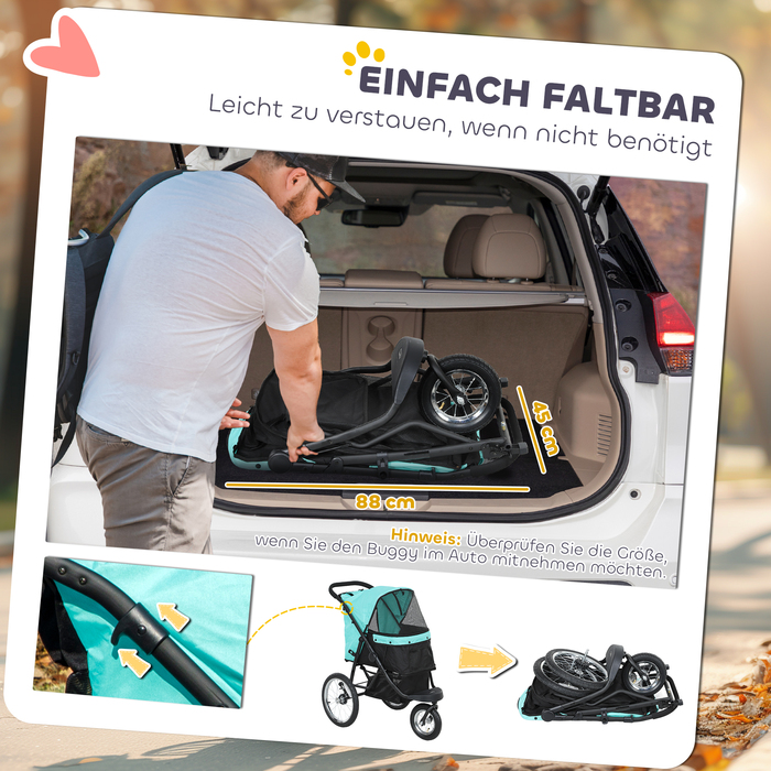 PawHut Коляска для собак Jogger Dog Buggy Складна для маленьких собак і кішок до 10 кг Cat Buggy з 3 великими гумовими колесами, подушками Сітка Вікна Кошик для зберігання Котяча коляска з безпечними повідцями, бірюзова | Аосом