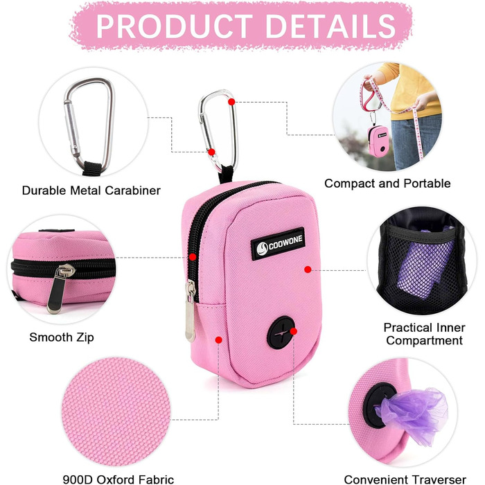 Сумка для ласощів та пакетиків для вигулу собак COOWONE, рожевий колір, з дозатором пакетиків