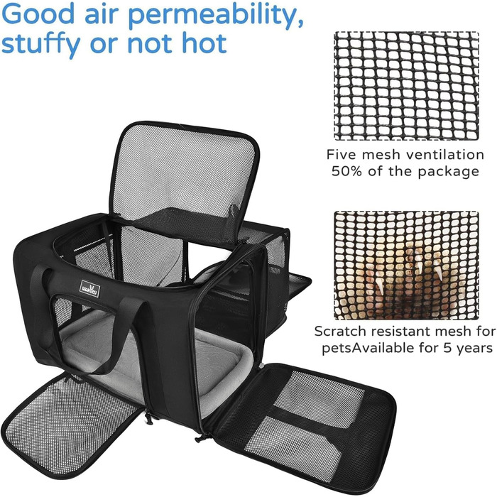 Сумка-переноска для собак та котів Wakytu, велика, чорна, розширювана, складна, 900D Oxford, міцна