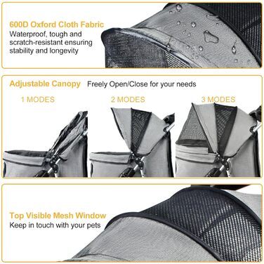 Візок для собак до 15 кг, складний, з кошиком для зберігання, сіткою та захистом від дощу. Підходить для маленьких та середніх собак, котів. Візок-тролей для собак (Сірий)