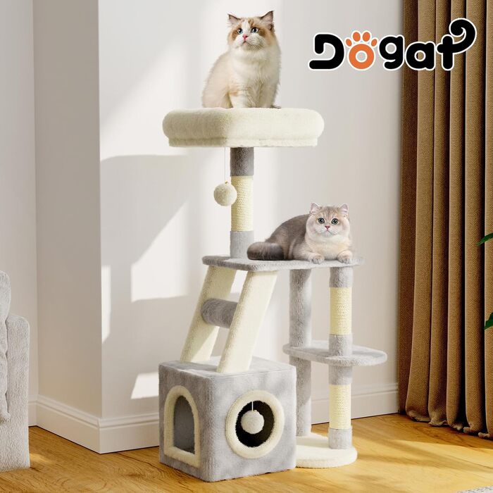 Клітка-когтеточка для котів Dogat 107 см, багатоярусна з когтеточкою, лежаком, будиночком та ігровим м'ячиком (сіра/бежева)