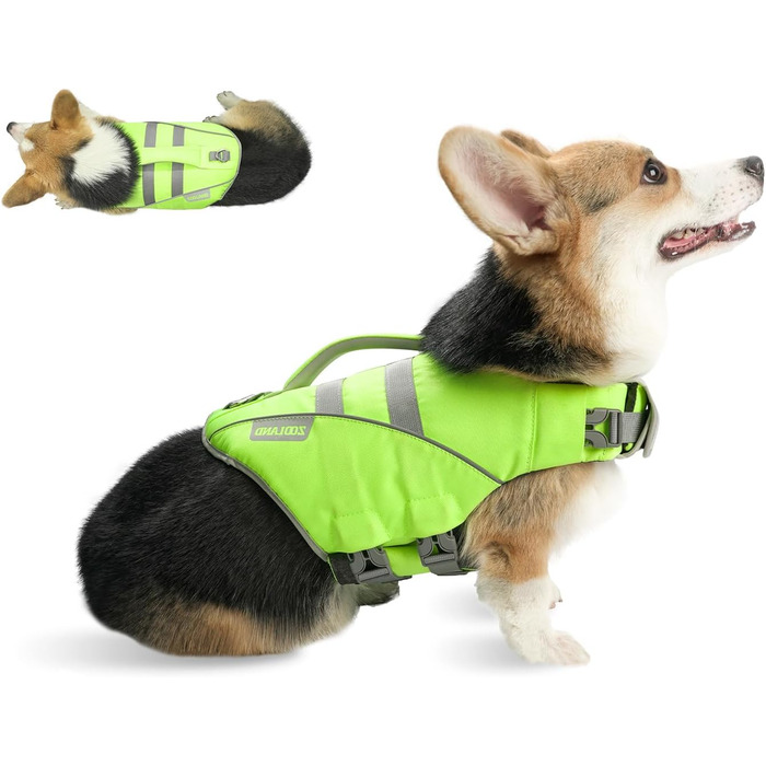 Жилет для плавання собаки ZOOLAND, великий, зелений. Регульований, довговічний, з світловідбиваючими елементами для собак маленьких, середніх та великих порід