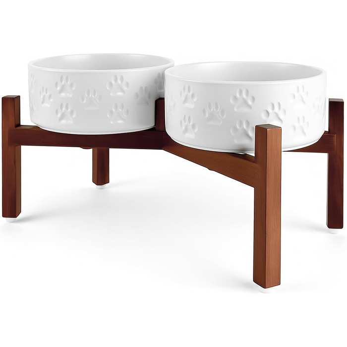 Миска для собак SpunkyJunky з кераміки, подвійна, піднята на підставці з акації, 1250 мл, біла