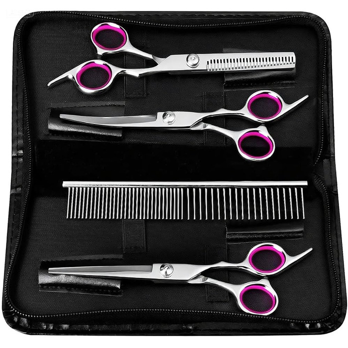 Набір професійних ножиць для грумінгу собак та котів, 5 шт. з нержавіючої сталі: ножиці для підстригання, ножиці для витончення, ножиці з вигнутим лезом, ножиці для стрижки лап, гребінець для грумінгу