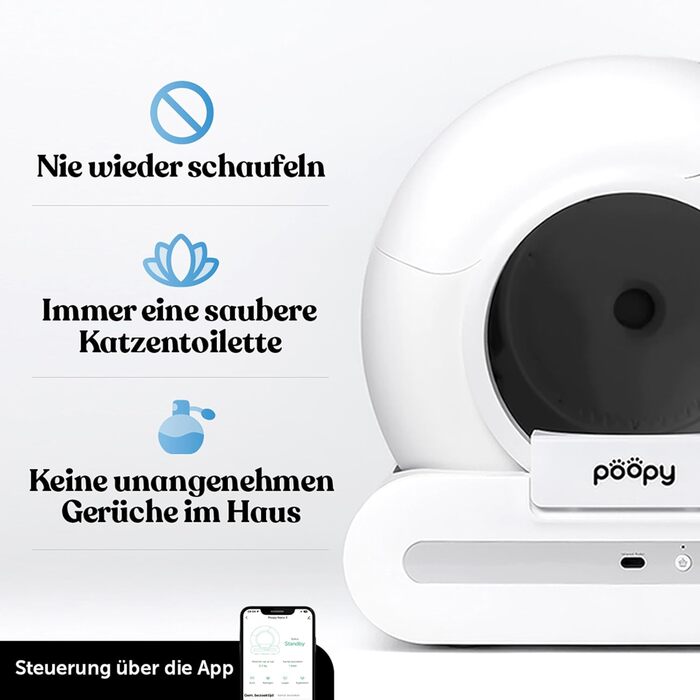 Poopy Nano 2 — автоматичний самоочисний туалет для котів з поїлкою, 100 пакетів для сміття та котячим килимком (працює з додатком і без)