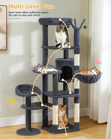 Котячий будиночок Petpela 150 см: багатоярусний котячий комплекс з гамаком, когтеточкою та стійками, сірий