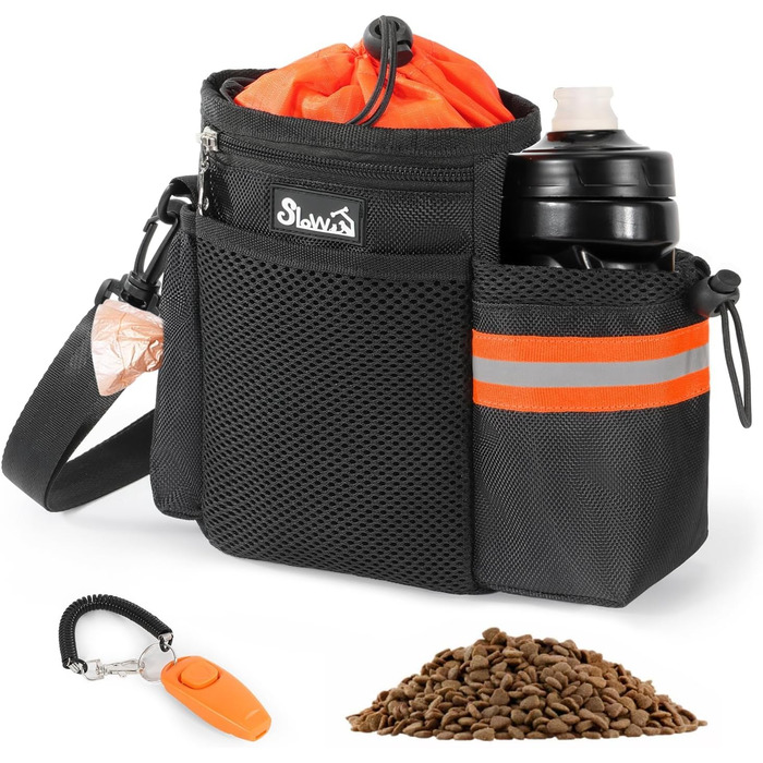 Сумка для ласощів для собак з диспенсером для пакетів та тримачем для пляшки, 3 способи носіння, регульований ремінь/ремень/кліпса, зелено-помаранчевий